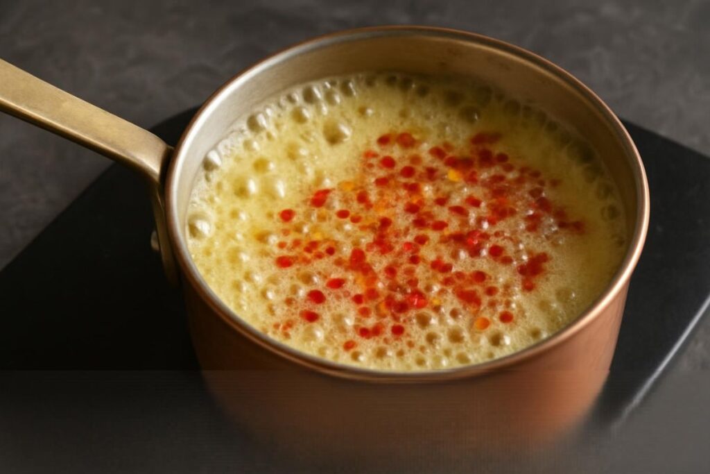 copper pan containing foaming butter and bright red chili flakes.
