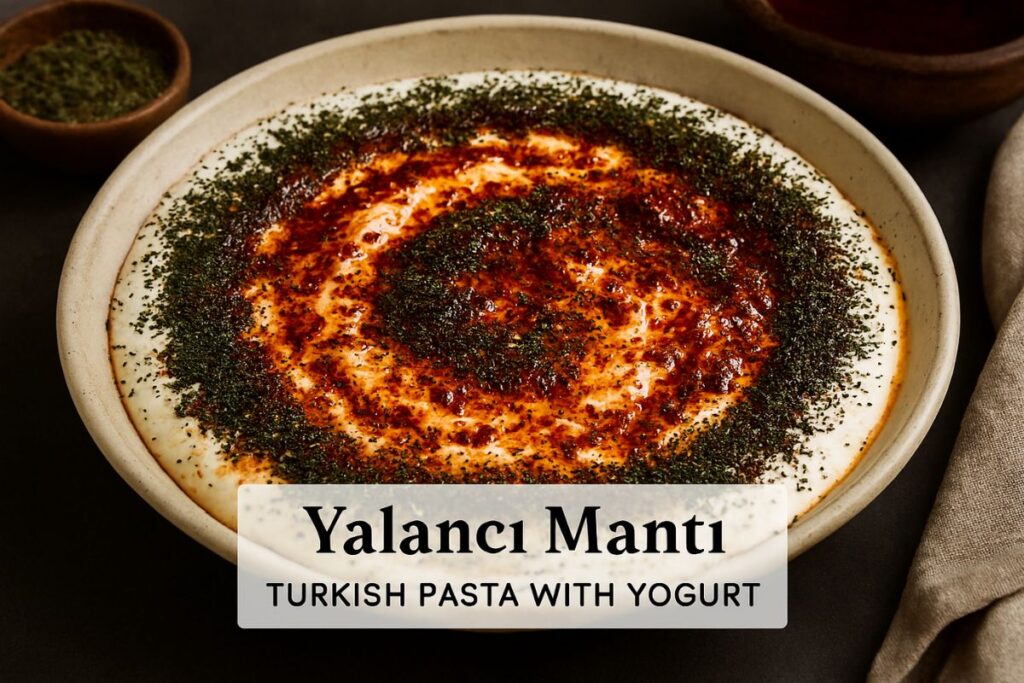 finished dish garnished with a heavy dusting of dried mint and sumac, 