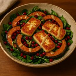 Finished warm roast pumpkin salad with seared halloumi and pomegranate