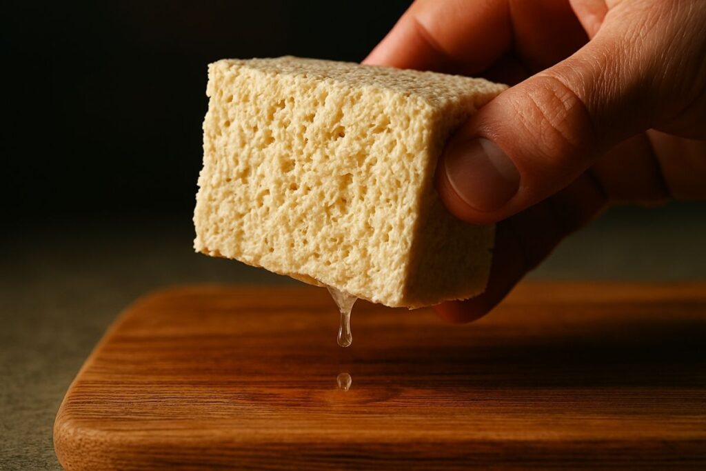 frozen tofu being gently pressed by hand over a wooden cutting board, visible sponge-like holes and fibrous texture