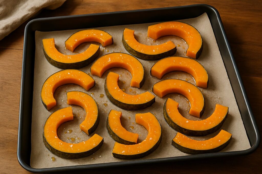 raw pumpkin slices tossed with olive oil and sea salt on parchment-lined baking tray