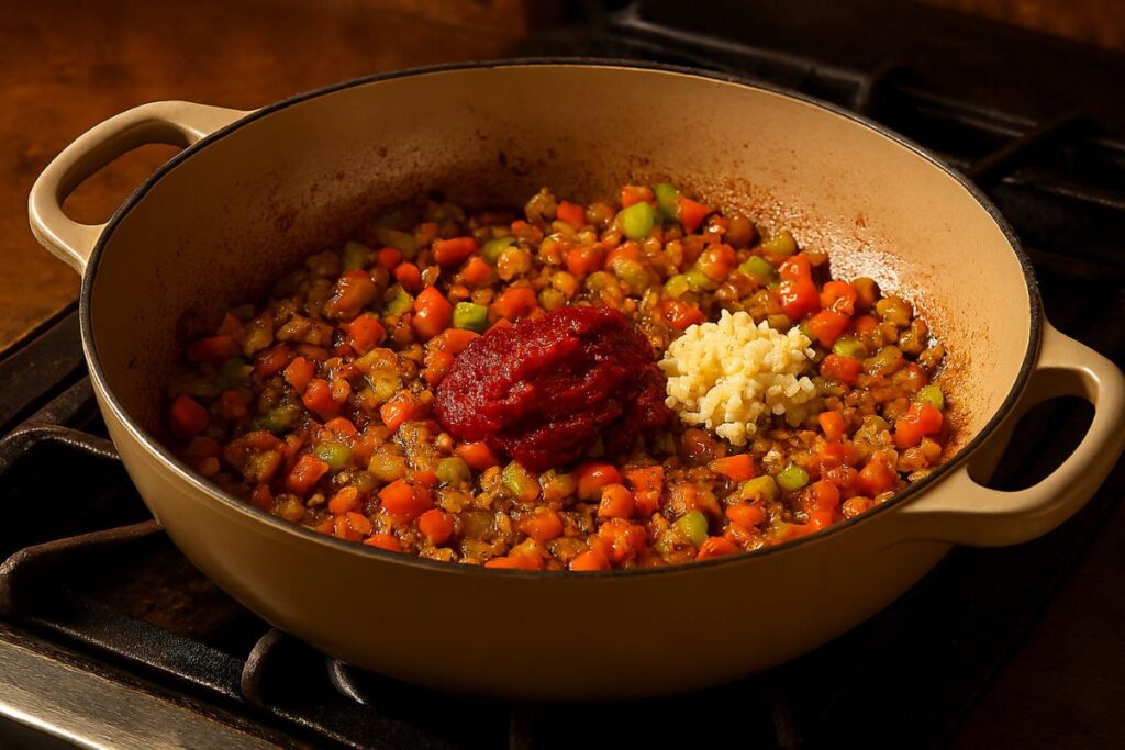 Pomegranate juice and balsamic vinegar deglazing the Dutch oven with seared beef short ribs