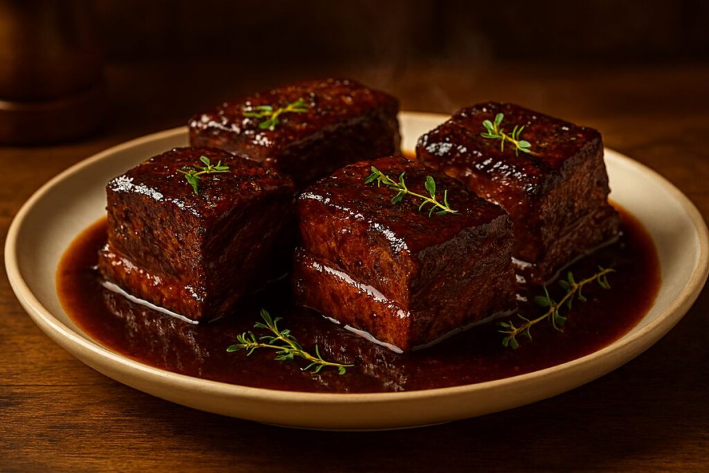 Fork-tender Halal braised short ribs served with glossy reduction sauce and herbs