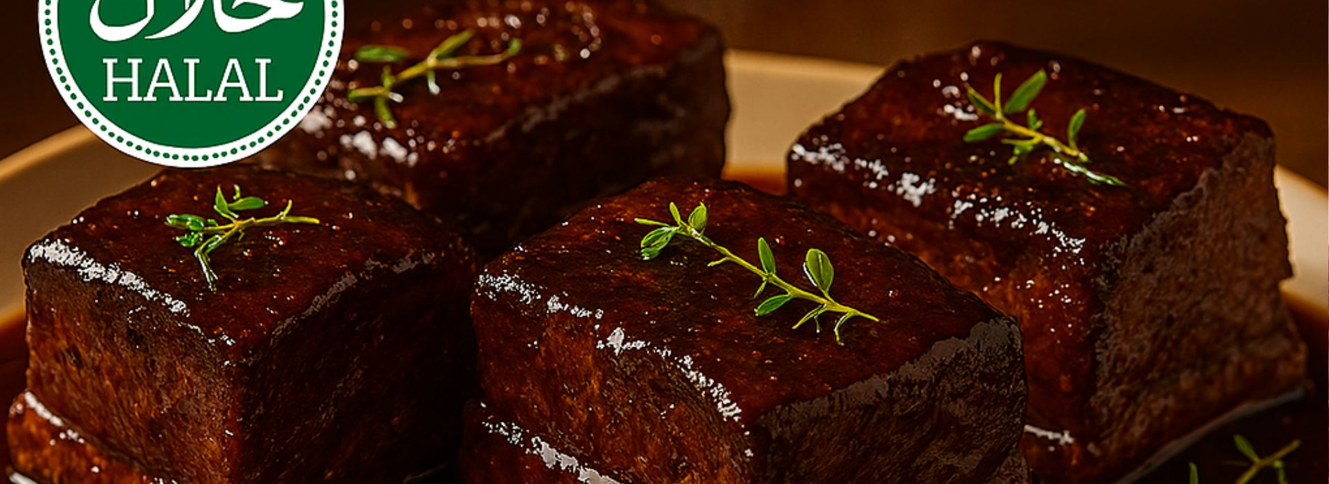 Fork-tender Halal braised short ribs served with glossy reduction sauce and herbs