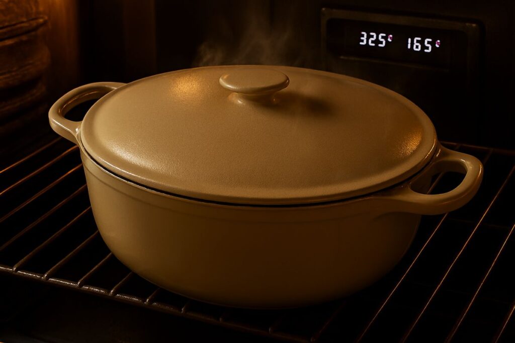 Short ribs braising in the oven with herbs and liquid, low and slow cooking method