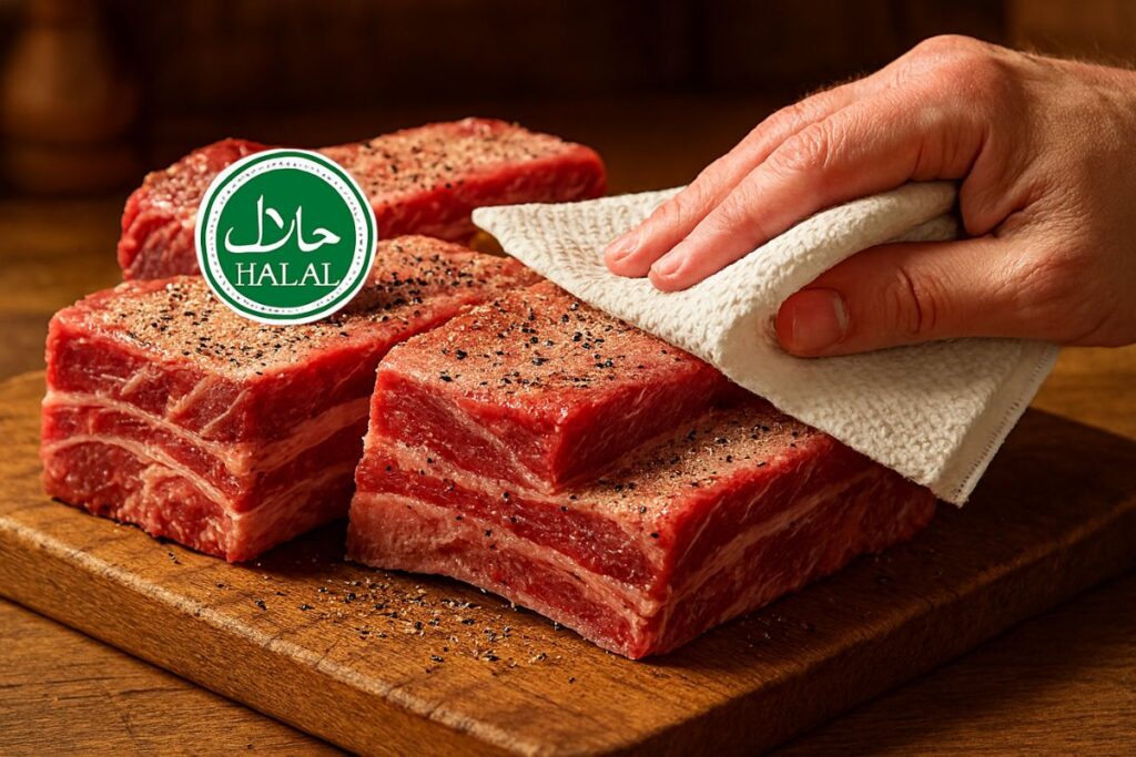 Halal beef short ribs being seasoned and patted dry before cooking