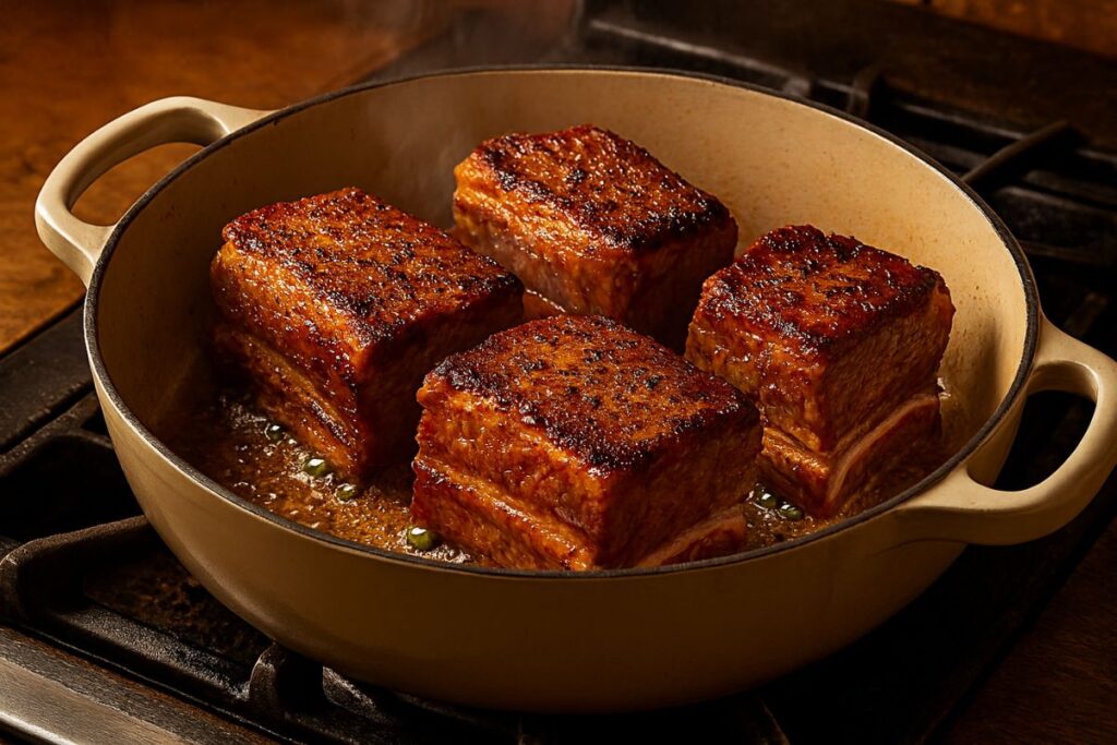 Browning beef short ribs in a Dutch oven to develop a deep, savory crust