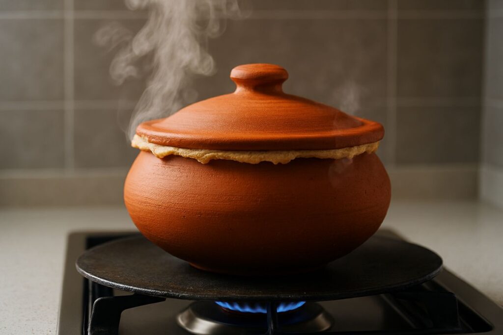 Dum cooking Kolkata chicken biryani recipe in sealed handi on tawa