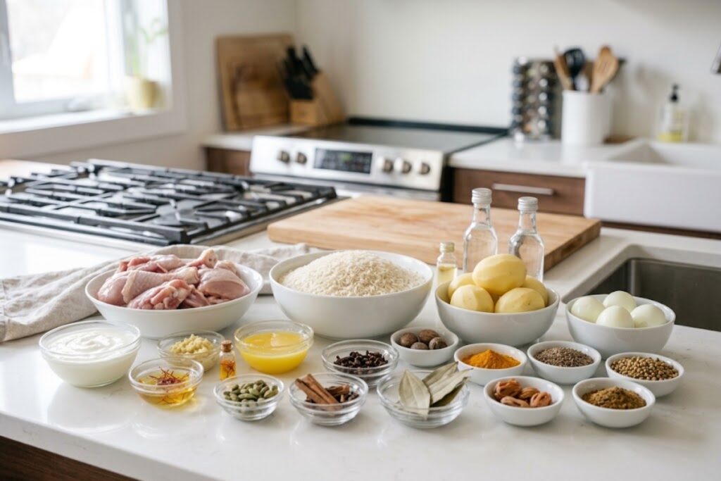 Ingredients for Kolkata chicken dum biryani including basmati rice, chicken, potatoes, eggs, ghee, saffron, whole spices, and aromatic ingredients