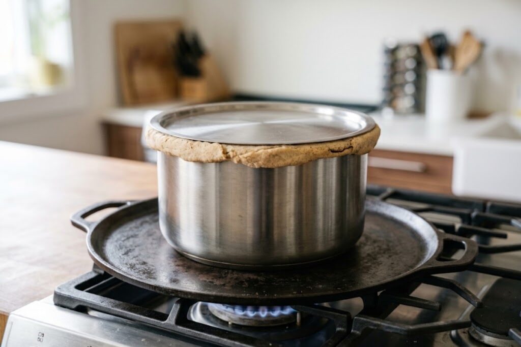 Dum cooking Kolkata chicken biryani recipe in sealed pot on tawa