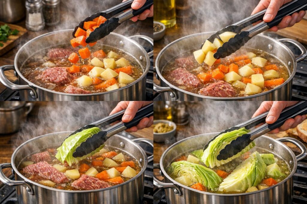 adding potatoes carrots and cabbage in stages for best corned beef and cabbage texture