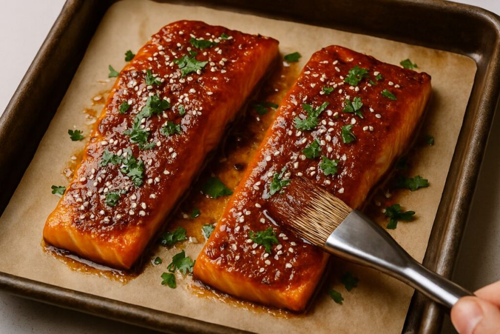 Oven-baked sticky date and tahini salmon garnished with sesame seeds and parsley