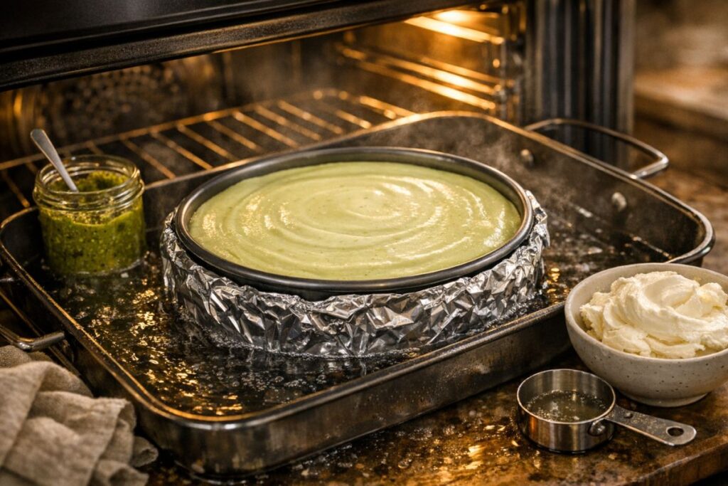 Springform pan with pistachio cheesecake baking in a water bath inside oven