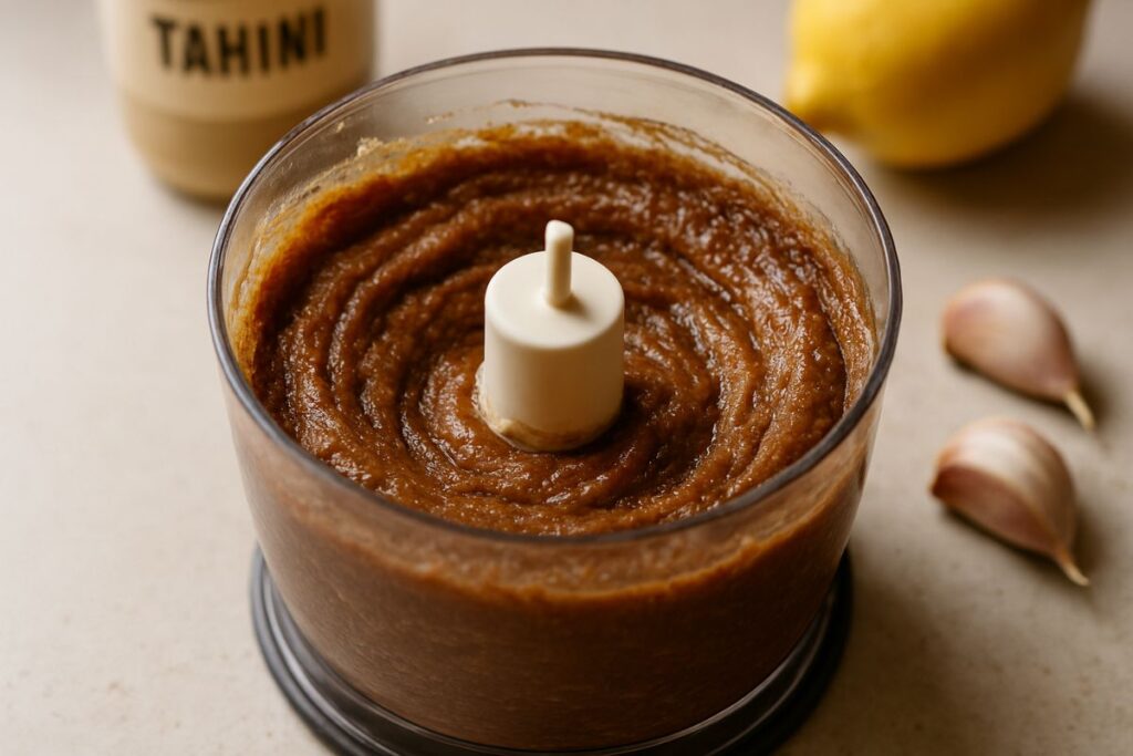 Softened dates blended into a smooth paste for salmon with tahini sauce glaze