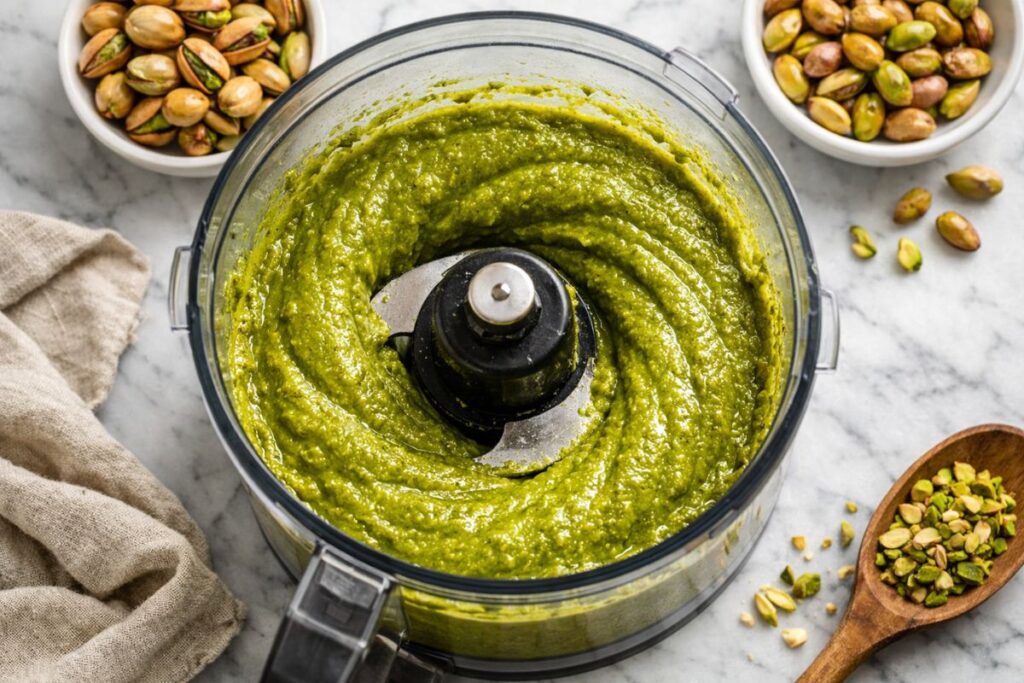 Fresh pistachio paste blending in a food processor for authentic pistachio cheesecake filling