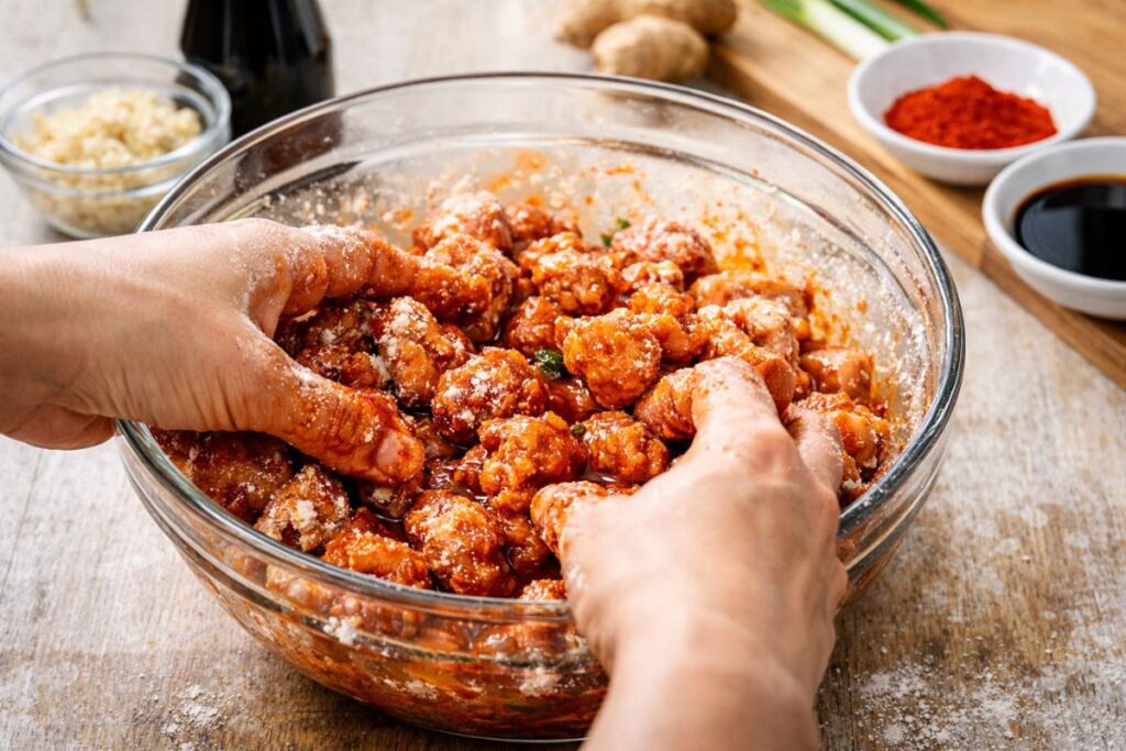 chicken pieces coated with cornstarch marinade for crispy air fryer chicken