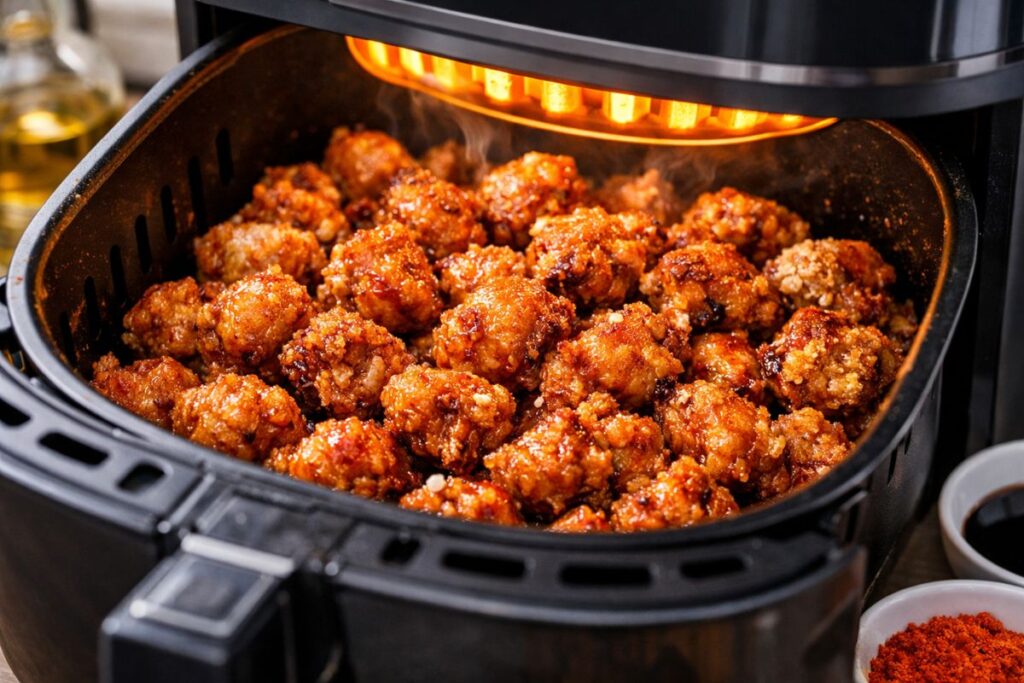 crispy chicken cooking in air fryer basket golden texture