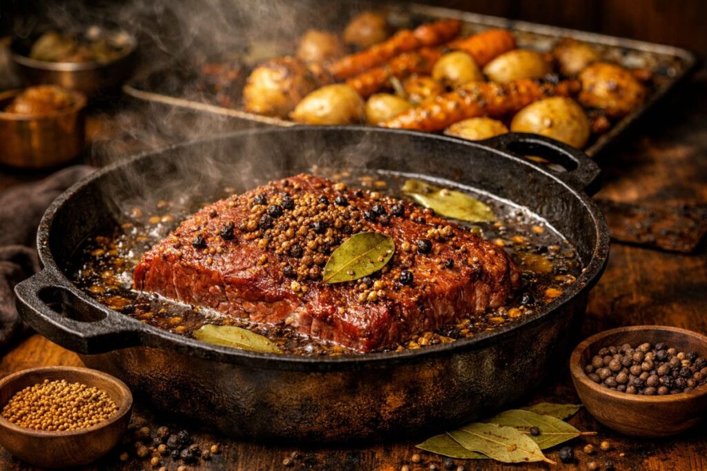 Corned beef brisket braising in dark beer and beef broth with mustard seeds, bay leaves, and spices, served with roasted carrots and potatoes