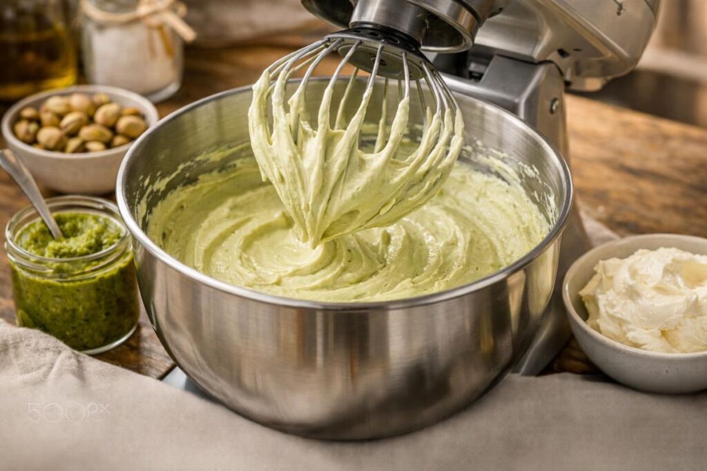 Fresh pistachio paste blending in a food processor for authentic pistachio cheesecake filling