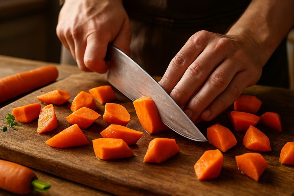 Chef cutting carrots into angled chunks for honey glazed carrots recipe on wooden cutting board
