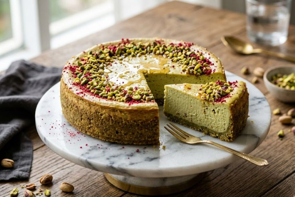 Roasting premium pistachios Cheesecake Recipe on a baking tray to enhance flavor for pistachio cheesecake recipe