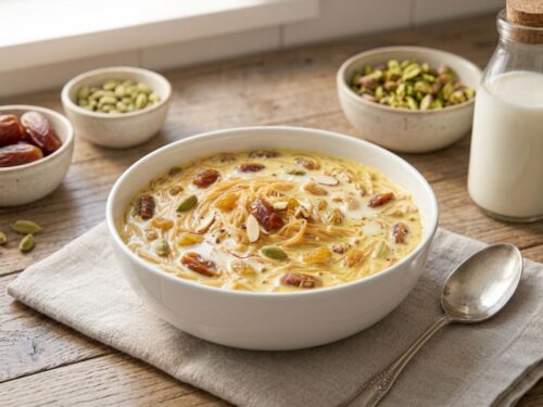 Creamy homemade Sheer Khurma Recipe with vermicelli, dates, pistachios, almonds, & saffron served in a white bowl.