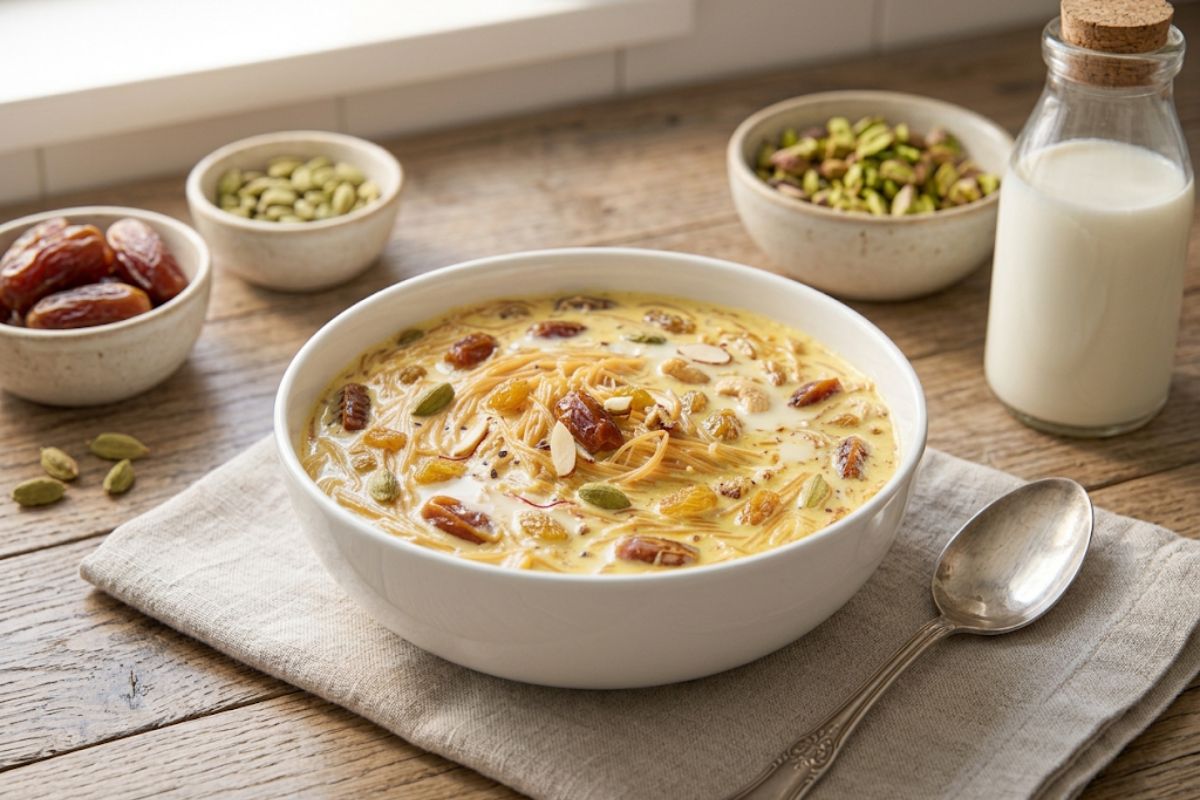 Creamy homemade Sheer Khurma Recipe with vermicelli, dates, pistachios, almonds, & saffron served in a white bowl.