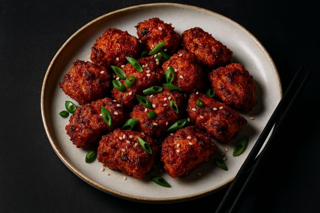 restaurant style crispy air fryer chili chicken plated and ready to serve