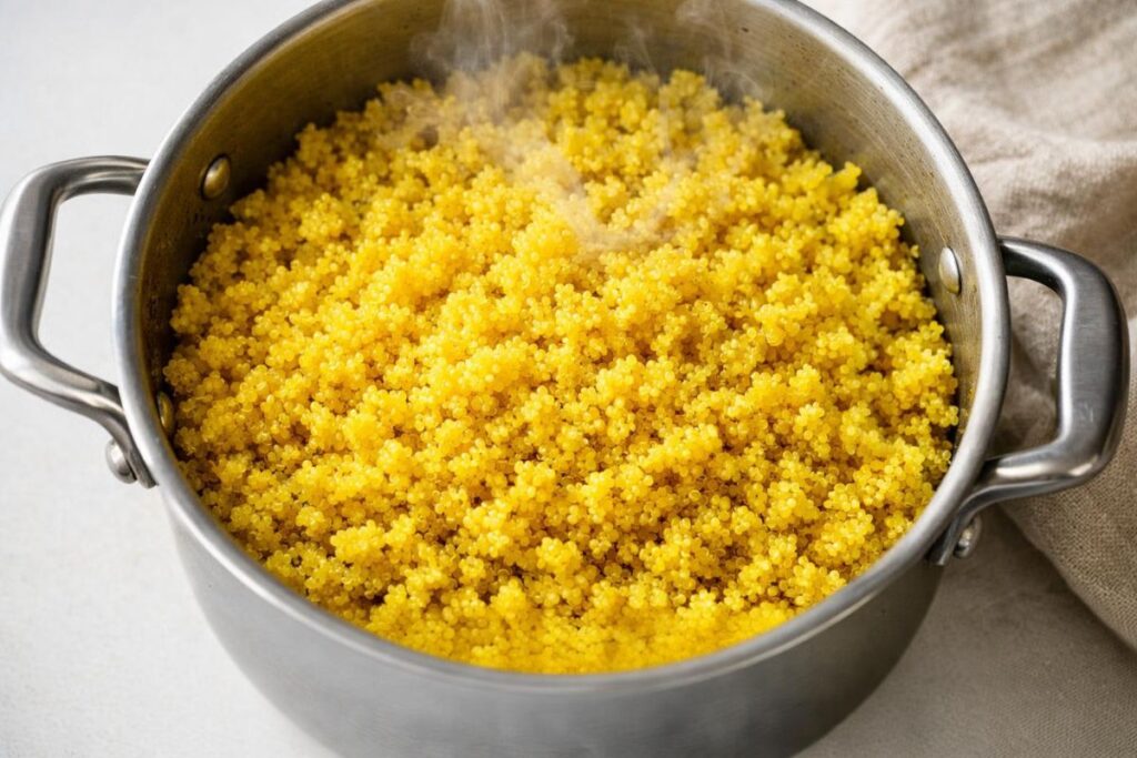 fluffy golden turmeric quinoa with vibrant yellow color in pot