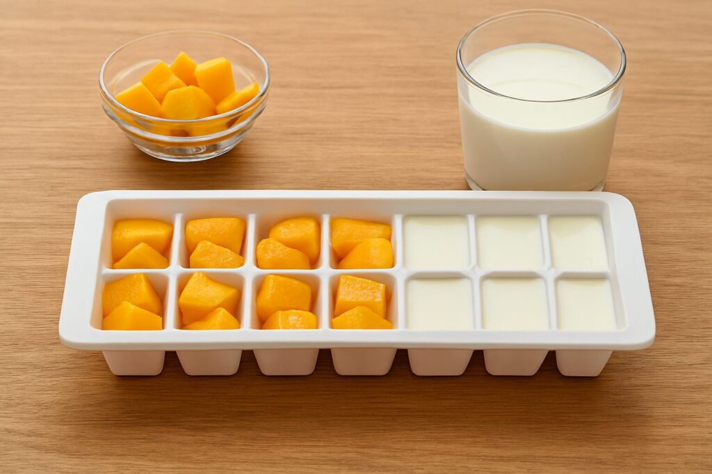 freeze mango and milk cubes for mango smoothie no ice method
