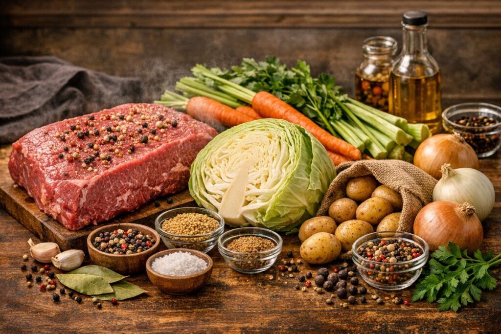 ingredients for best corned beef and cabbage recipe including brisket cabbage potatoes and spices