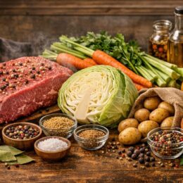 ingredients for best corned beef and cabbage recipe including brisket cabbage potatoes and spices