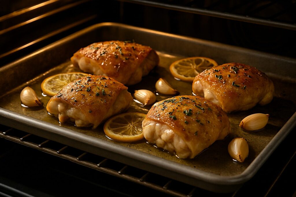 Garlicky lemon chicken roasting on a sheet pan with garlic and lemon slices.
