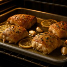 Garlicky lemon chicken roasting on a sheet pan with garlic and lemon slices.