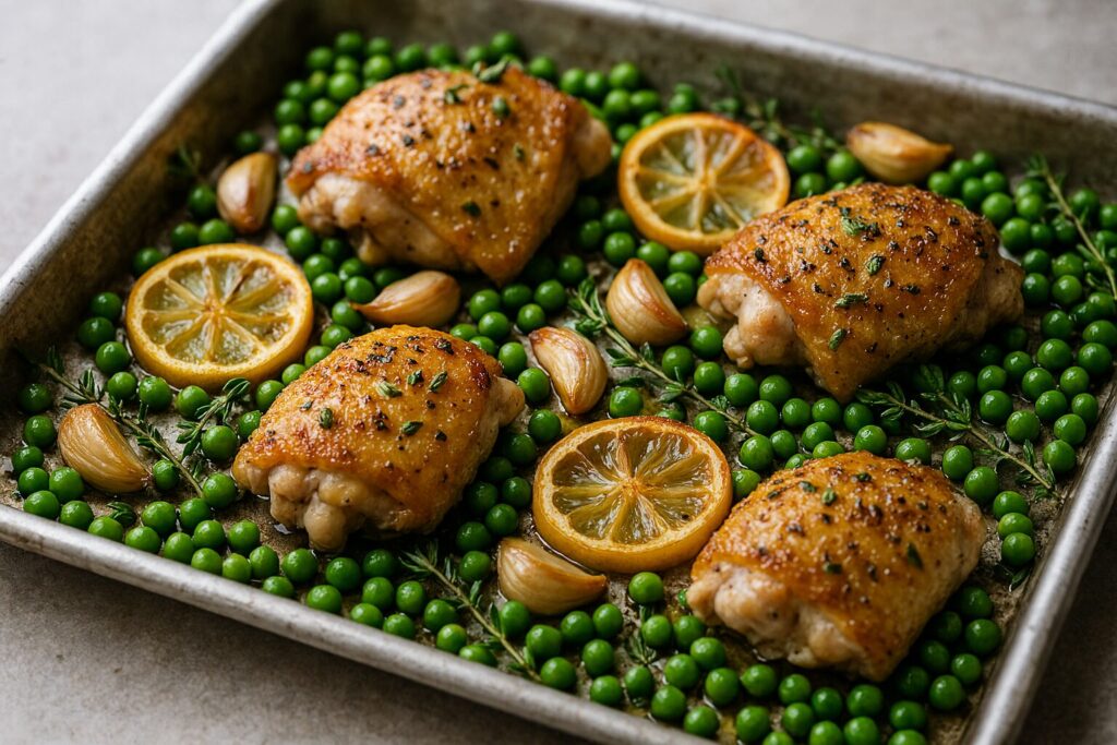 Sheet pan garlicky lemon chicken with roasted garlic, lemon slices and spring peas.