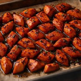 Honey glazed carrots roasted with brown butter and thyme, caramelized edges on a baking tray