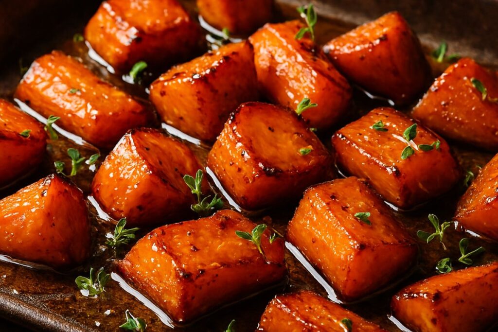 Honey glazed carrots roasted with brown butter and thyme, caramelized edges on a baking tray