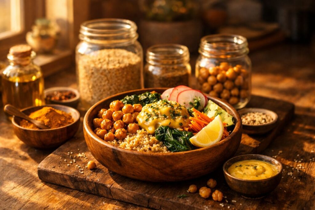 golden quinoa ingredients glowing in warm sunset kitchen light