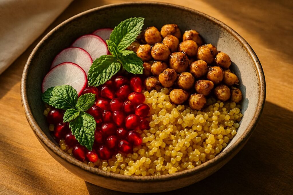 golden quinoa bowl with charred chickpeas pomegranate mint and radish