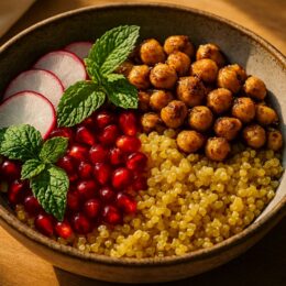 golden quinoa bowl with charred chickpeas pomegranate mint and radish