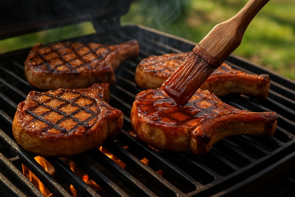 Honey Bourbon Glazed Grilled Pork Chops with Diamond Grill Marks