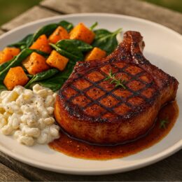 Plated honey bourbon glazed grilled pork chops with caramelized glaze and grill marks served for spring BBQ.
