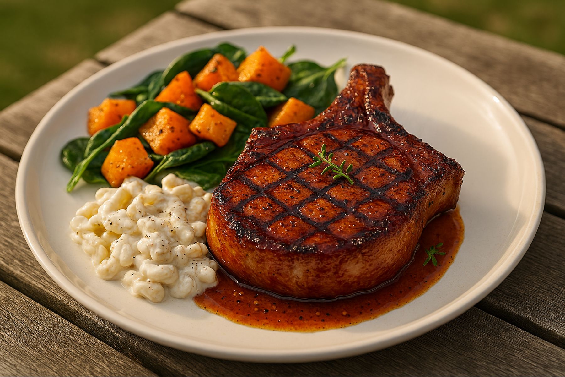 Plated honey bourbon glazed grilled pork chops with caramelized glaze and grill marks served for spring BBQ.