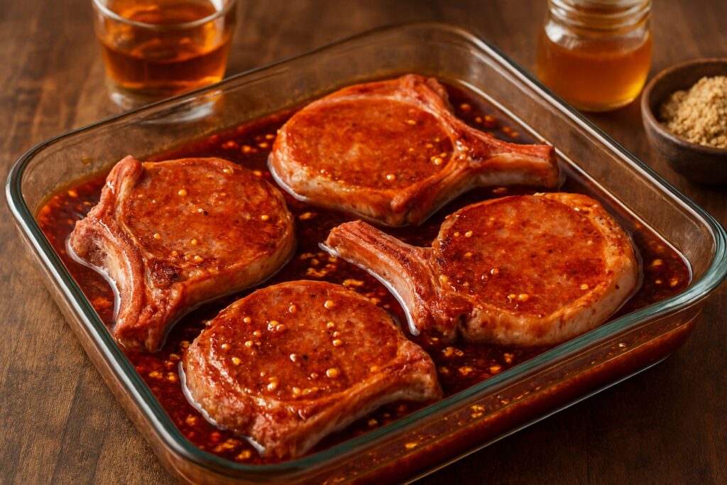 Thick-cut bone-in pork chops marinating in a honey bourbon mixture with garlic and brown sugar in a glass dish before grilling.