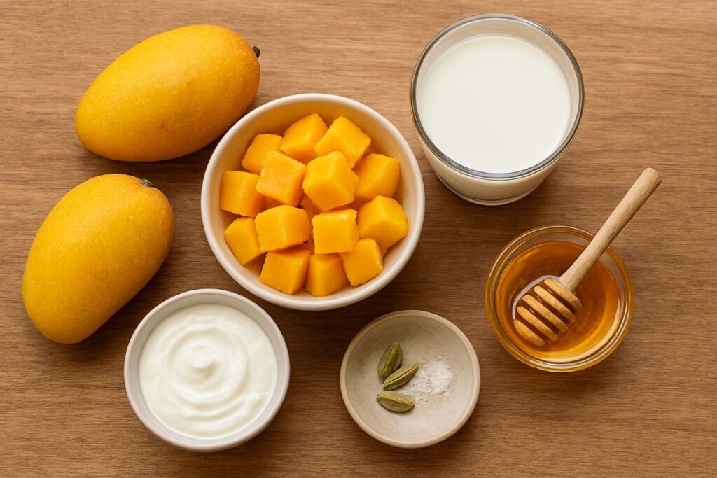 ingredients for mango smoothie with milk mango fruit shake recipe