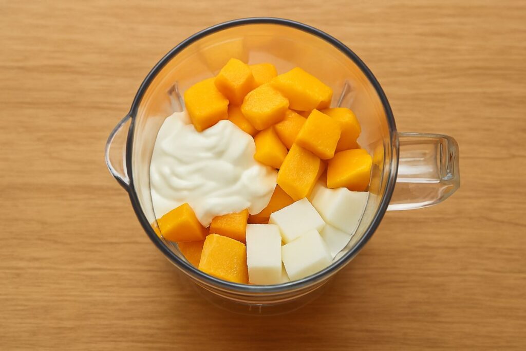 layering mango smoothie ingredients in blender mango and milk smoothie process