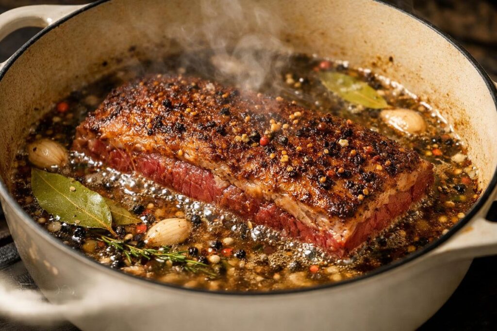 corned beef slowly braising with spices and cider in a gentle simmer
