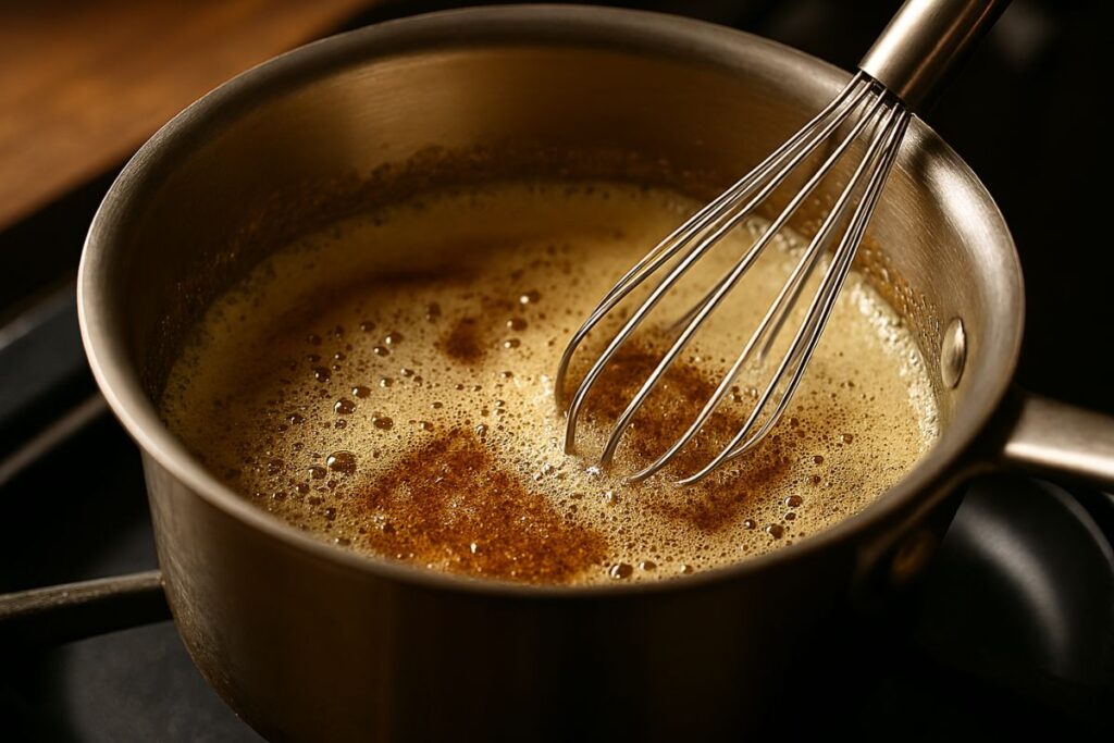 Butter browning in a saucepan to make nutty brown butter glaze for honey glazed carrots