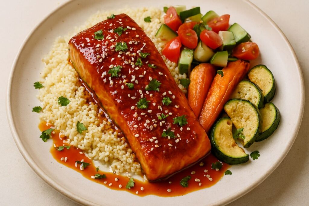Plated tahini salmon recipe served with couscous, roasted vegetables, and fresh cucumber tomato salad