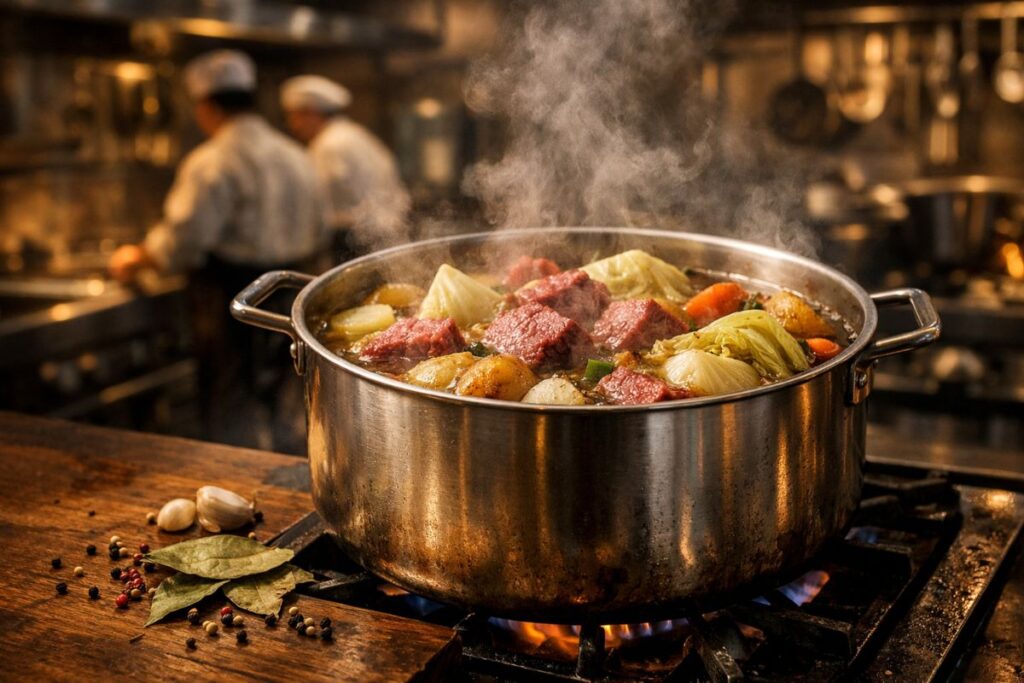 corned beef and cabbage simmering in a midnight kitchen with aromatic spices and steam